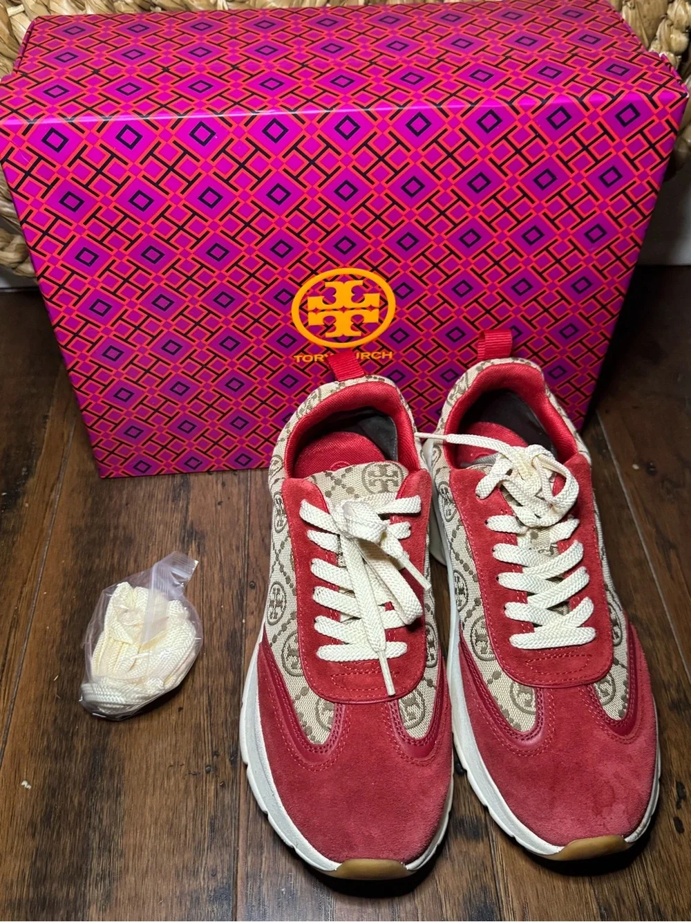 Tory Burch T Monogram Good Luck Trainers Hazel + Tory Red Low Top (Size 8.5)